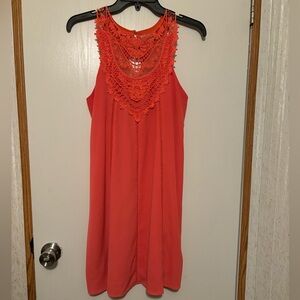 She + Sky Coral Crochet Yoke  Dress